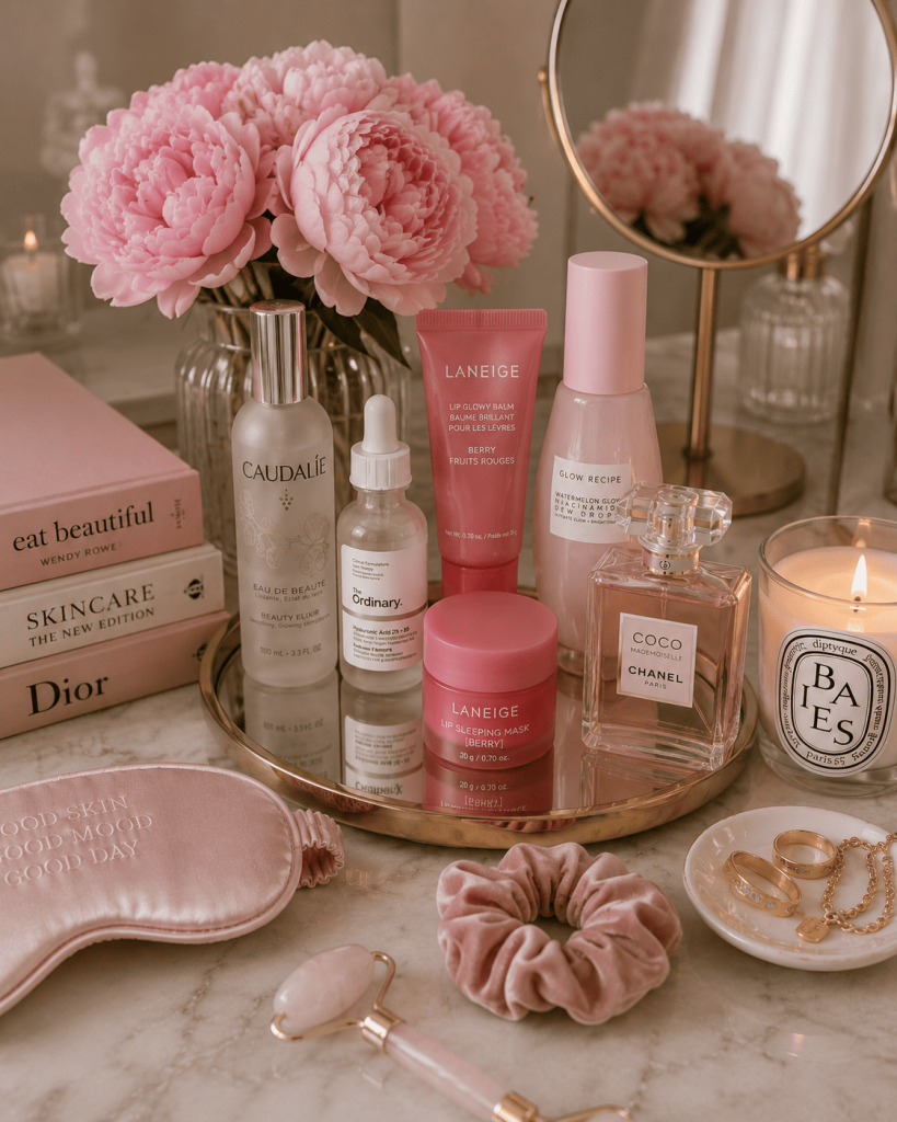 Luxury skincare and beauty essentials featuring feminine vanity aesthetic and rich girl self care products.