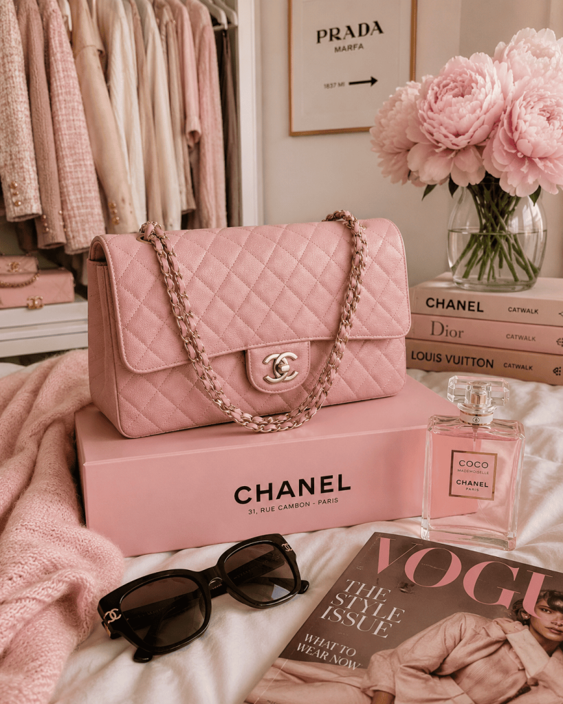 Luxury feminine fashion inspiration featuring designer style accessories and pink rich girl aesthetic.