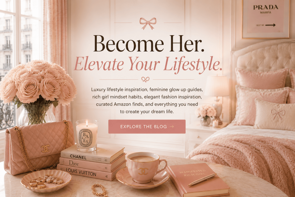 Luxury lifestyle inspiration featuring feminine glow up aesthetic, rich girl lifestyle, elegant fashion inspiration, curated Amazon finds, and luxury home decor ideas.