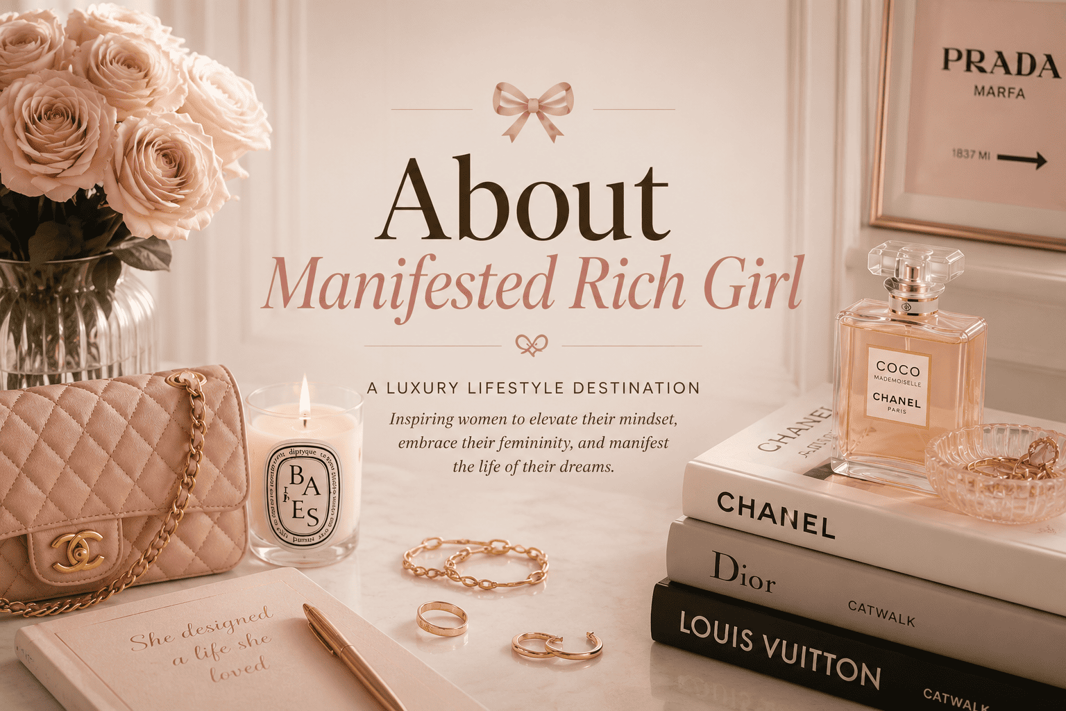 Luxury feminine lifestyle brand image featuring pink luxury bedroom decor, designer accessories, perfume, flowers, and elegant rich girl aesthetic for Manifested Rich Girl blog.